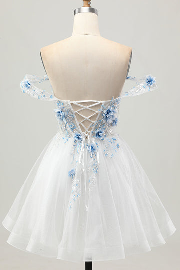 White Blue Flower A-Line Off the Shoulder Corset Short Prom Dress